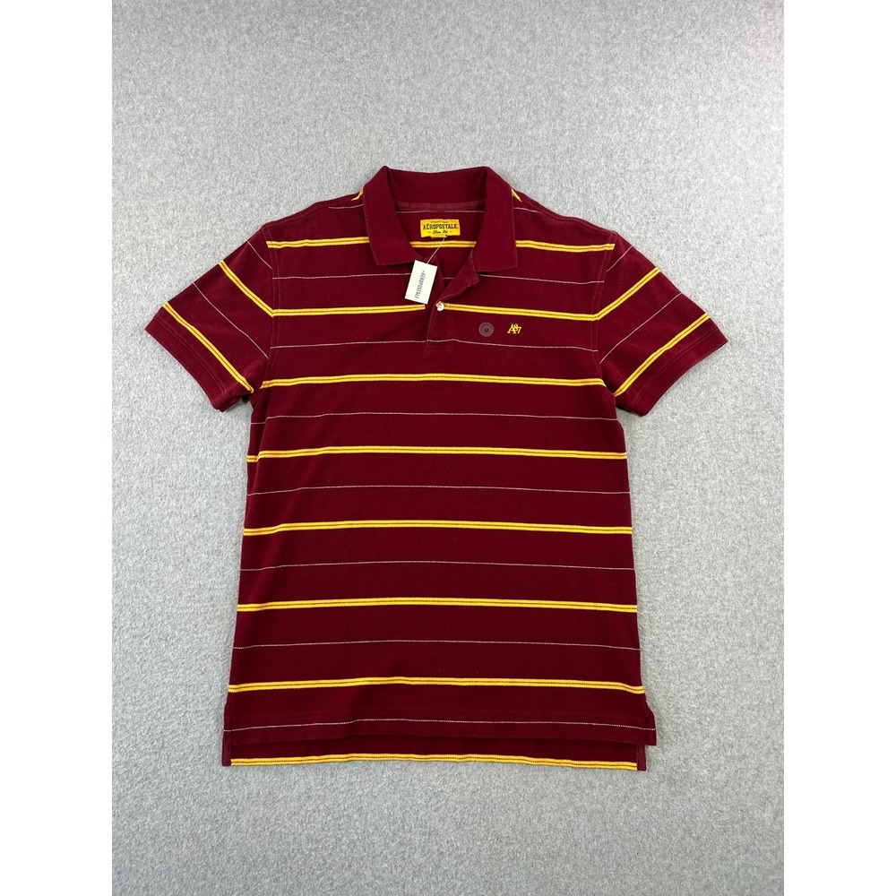 Aeropostale Polo Shirt Mens M Burgundy Yellow Striped Slim Fit Short Sleeve